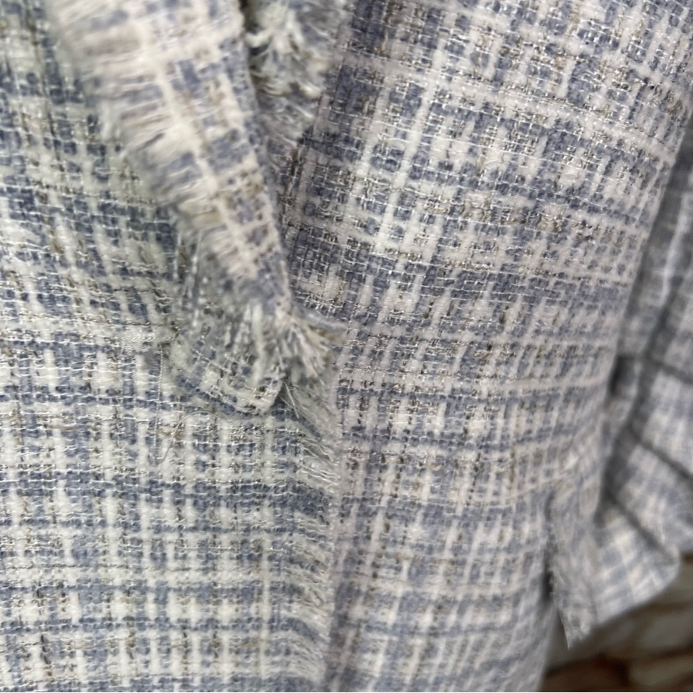 MAISON D'AMELIE PARIS Quiet Luxury Blue and White Tweed Plaid Fringed Jacket, 4 - Picture 4 of 13